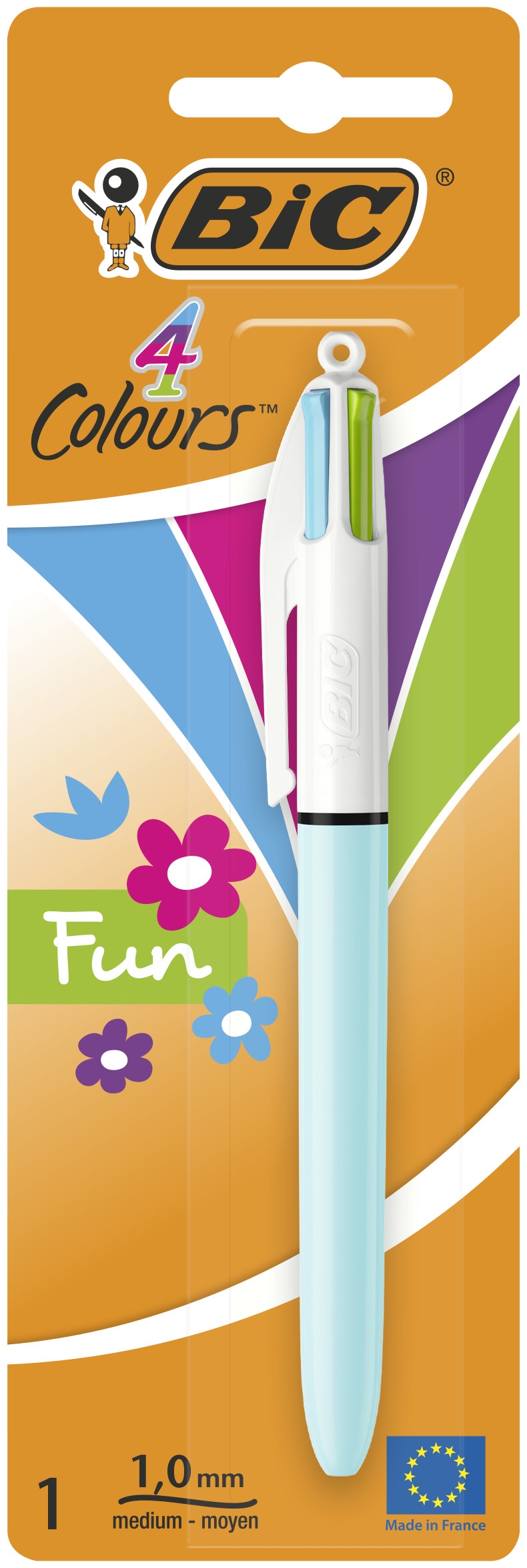 BIC 4 Couleurs Fun Stylos-Bille Rétractables Pointe Moyenne (1,0 mm) - Couleurs Fantaisies Mauve ou Turquoise (Sans Choix Possible), Blister de 1