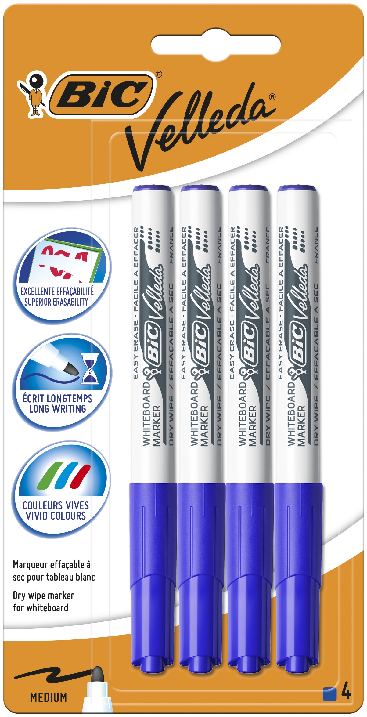 BIC Velleda 1741 Feutres pour Tableau Blanc Effaçables à Sec, Pointe Conique Moyenne - Bleu, Blister de 4