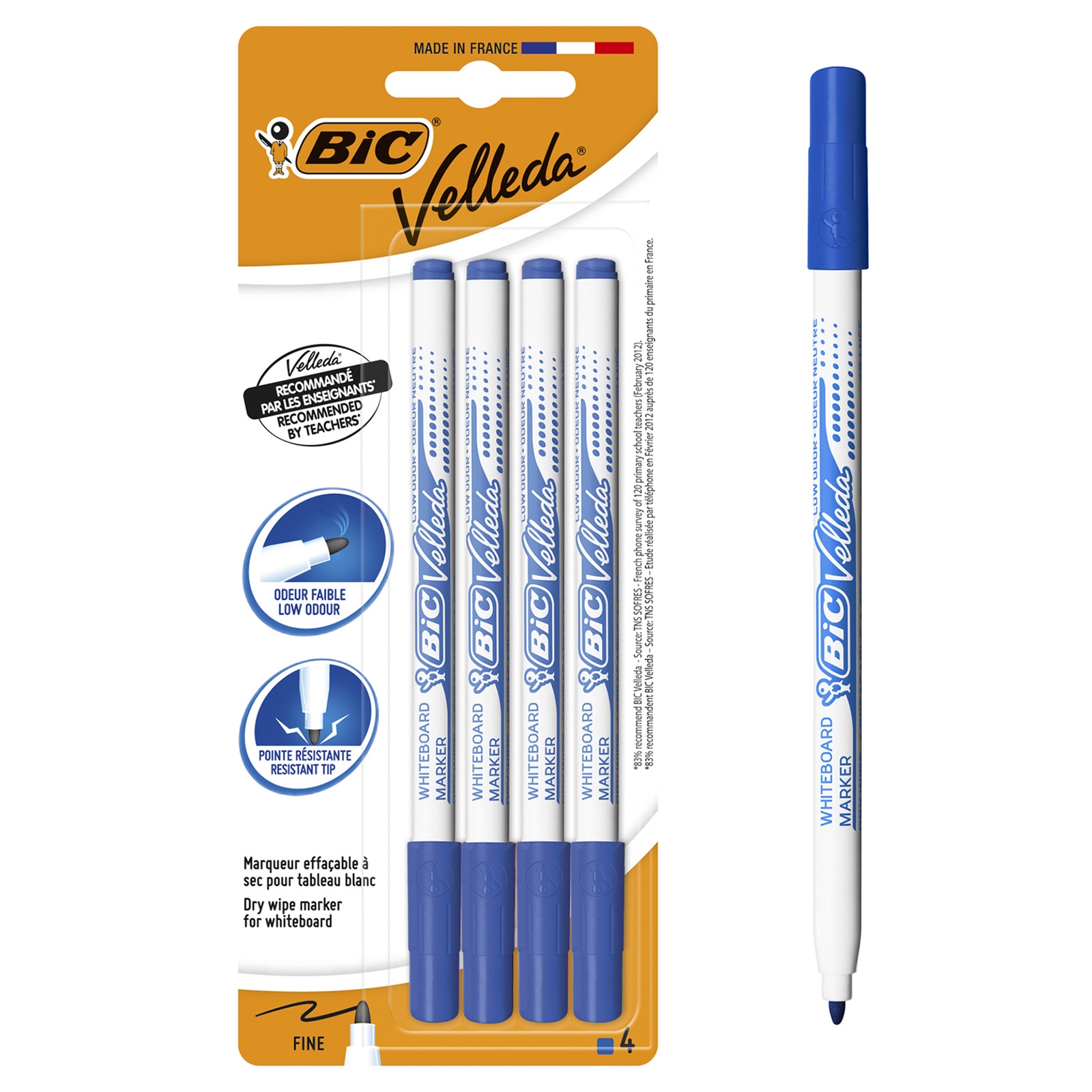 BIC Velleda 1721 Feutres pour Tableau Blanc Effaçables à Sec Pointe Conique Fine - Bleu, Blister de 4