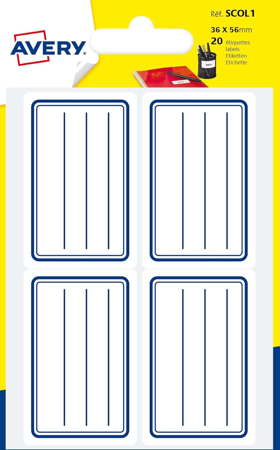 AVERY Sachet de 20 étiquettes scolaires lignées Bleu 36 x 56 mm.