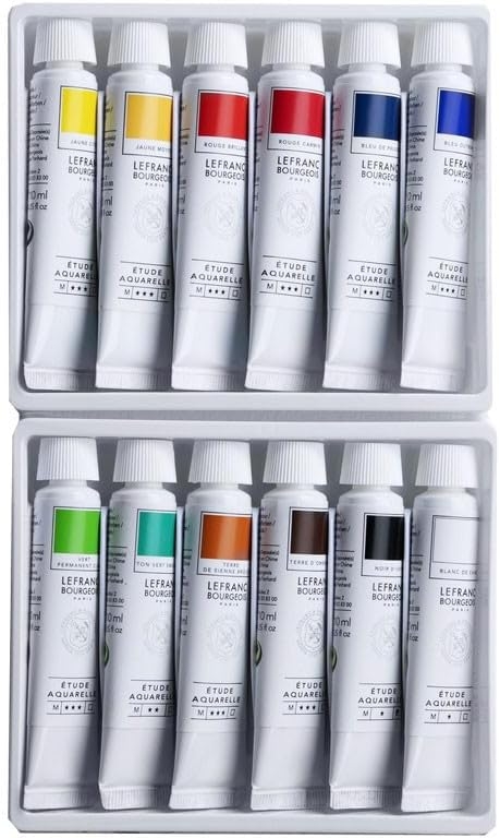 Boîte de 12 tubes de peinture aquarelle. Gamme etude/studio. LEFRANC BOURGEOIS  Tubes de 10ml