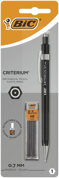 BIC Criterium Porte-mines Rétractable et Rechargeable de 0,7 mm et Recharges de Mine HB - Noir, Étui de 1+12 Mines