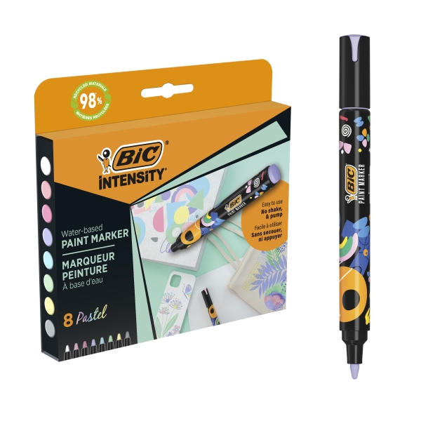 BIC Intensity Marqueur Peinture à base d'eau  Pastel Pointe Ogive Moyenne - Couleurs Assorties, Étui de 8