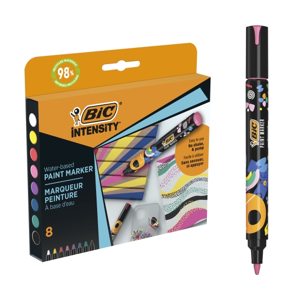 BIC Intensity Marqueurs Peinture à base d'eau  Pointe Ogive Moyenne - Couleurs Assorties, Étui de 8