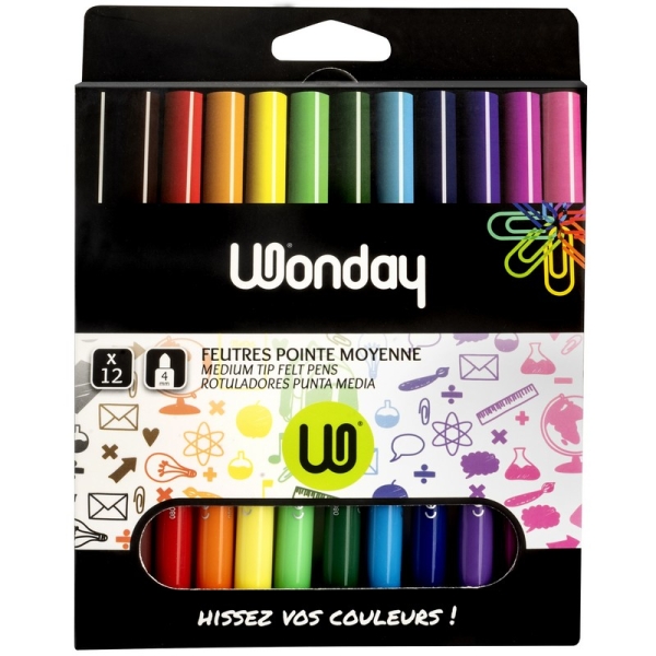 WONDAY Pochette de 12 feutres pointe moyenne assortis