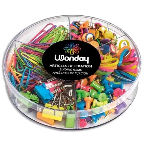 WONDAY Kit de petites fournitures assortis Fun : elastique, punaise, trombone, push pins, pince double