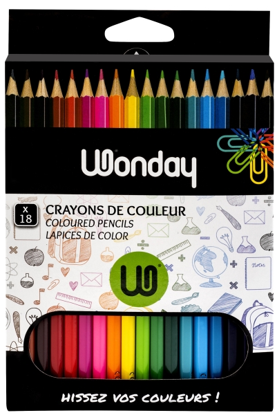 WONDAY Pochette de 18 crayons de couleur assortis. Corps hexagonale